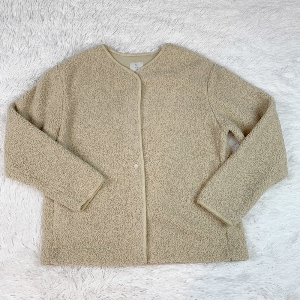 Joie women snap button sherpa teddy jacket long sleeve collarless ivory